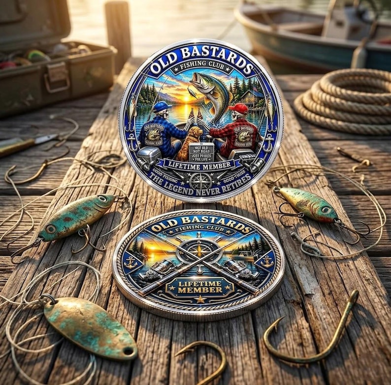 Old Bastards Fishing Club Challenge Coin, Lifetime Member Fishing Gift for Men, Retired Fisherman Coin, Caught Not Dead Fishing Club Token