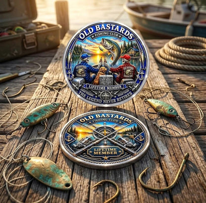 Old Bastards Fishing Club Challenge Coin, Lifetime Member Fishing Gift for Men, Retired Fisherman Coin, Caught Not Dead Fishing Club Token
