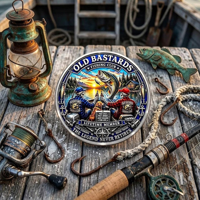Old Bastards Fishing Club Challenge Coin, Lifetime Member Fishing Gift for Men, Retired Fisherman Coin, Caught Not Dead Fishing Club Token