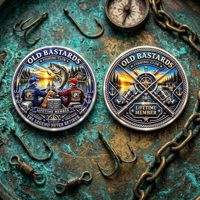 Old Bastards Fishing Club Challenge Coin, Lifetime Member Fishing Gift for Men, Retired Fisherman Coin, Caught Not Dead Fishing Club Token