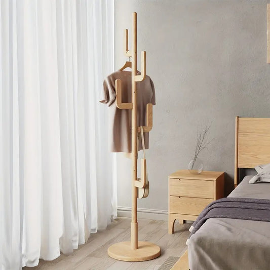 [Solid Wood Coat Rack] Solid Wood, Freestanding Coat Rack With 6 L-shaped Hooks And 3 Adjustable Sizes, Sturdy And Easy To Assemble Coat Tree For Entryway, Bedroom